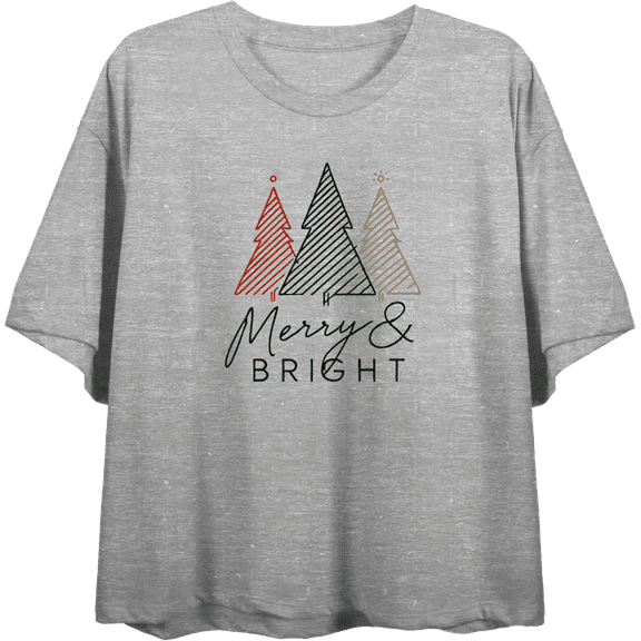 Merry & Bright Christmas Tree Line Art Women's Heather Gray Crew Neck Short Sleeve Crop Tee-Medium
