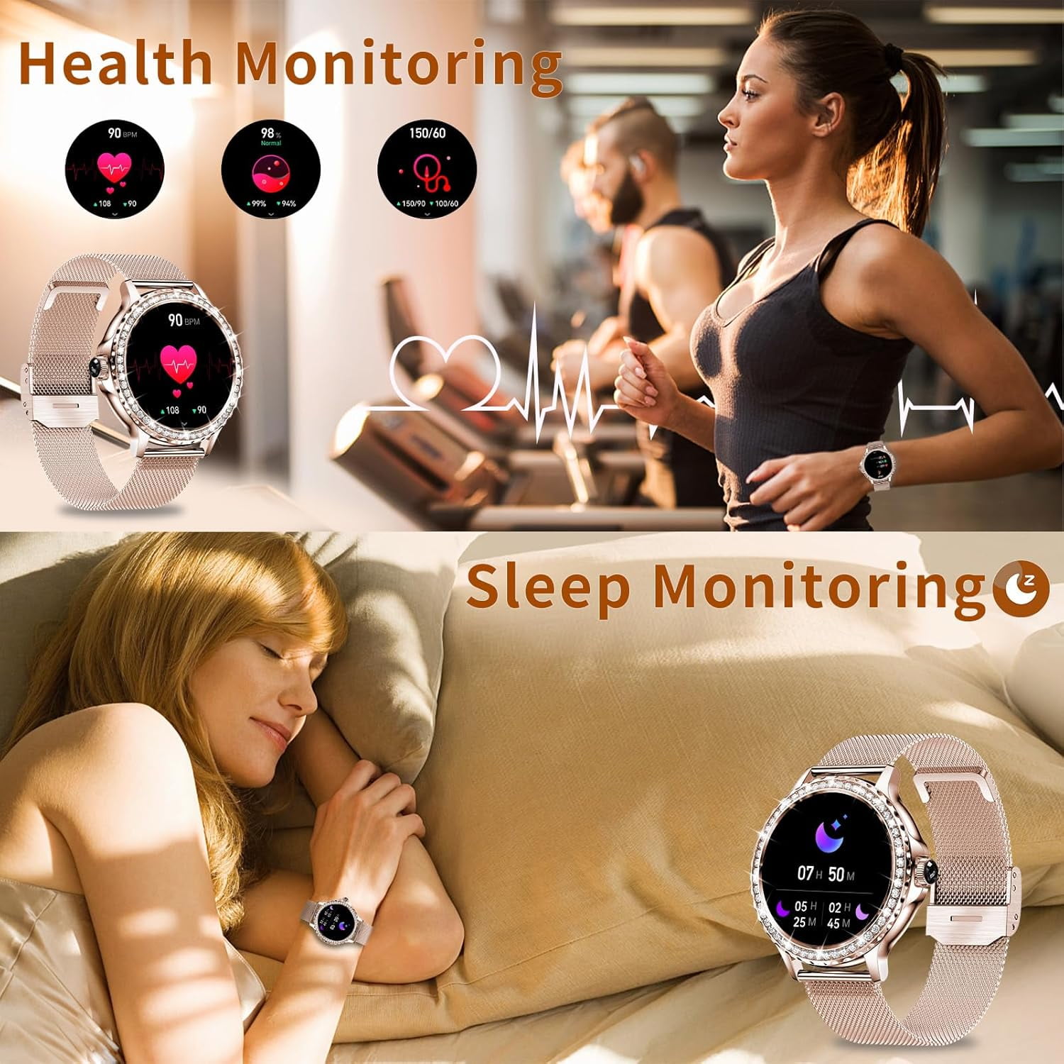Smart Watches for Women (Answer/Make Call) with Diamonds, 1.3”HD Screen Bluetooth Smartwatch for Android iOS Phones, IP68 Waterproof Fitness Activity