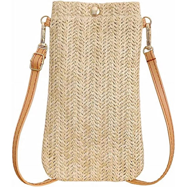 Bolsos de hombro de color caqui, bolsos tejidos de paja informales para mujer, bolsos cruzados tejidos, bolsos para teléfono móvil