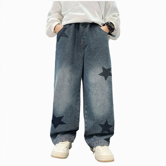 NIEWTR Boys Wide Leg Baggy Jeans Spring Fall Y2k Elastic Waist Washed Denim Pants Loose Relaxed Fit Casual Trousers