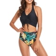 thumbnail image 2 of Faithtur Daughter  Mother Family Matching Swimwear Solid Color Sleeveless Drawstring V-Neck Tops + Leaves Print Panties Bikini Set, 2 of 9