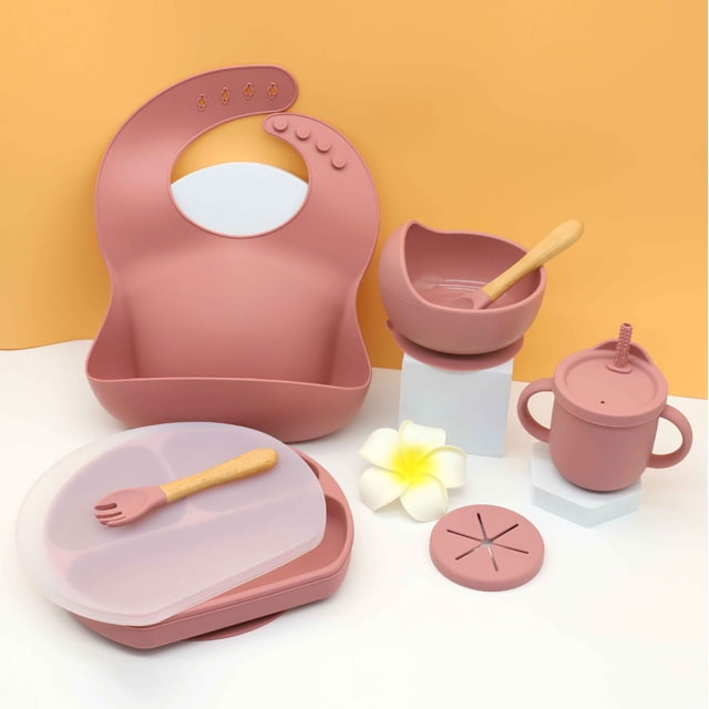 Plato de silicona para la cena, babero para bebé, cuenco para bebé, vajilla para niños, mantel individual, cuchara, tenedor, juego de taza para refrigerio resistente a caídas