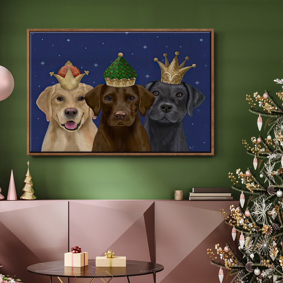 Christmas Labradors, Three Kings - Framed Gallery Wrapped Holiday Canvas - 25 x 37 - Rosewood Frame
