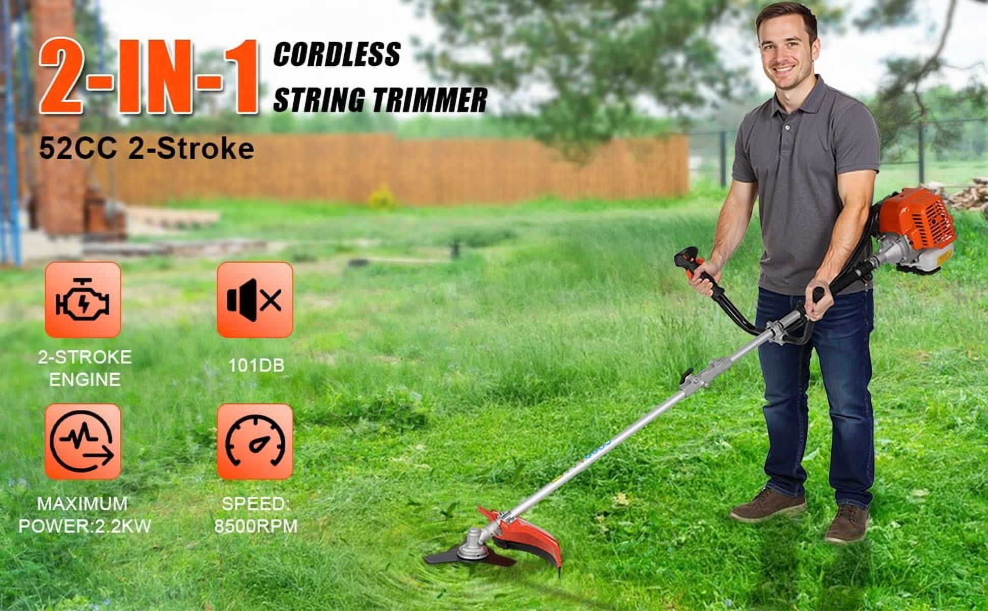 Gas String Trimmer | 2 in 1 Cordless String Trimmer | 52cc 2-Stroke Weed Wacker Gas Powered | Weed Eater| Gas Weed Eater | Grass Trimmer | 10'' Brush Cutter & Shoulder Strap Included