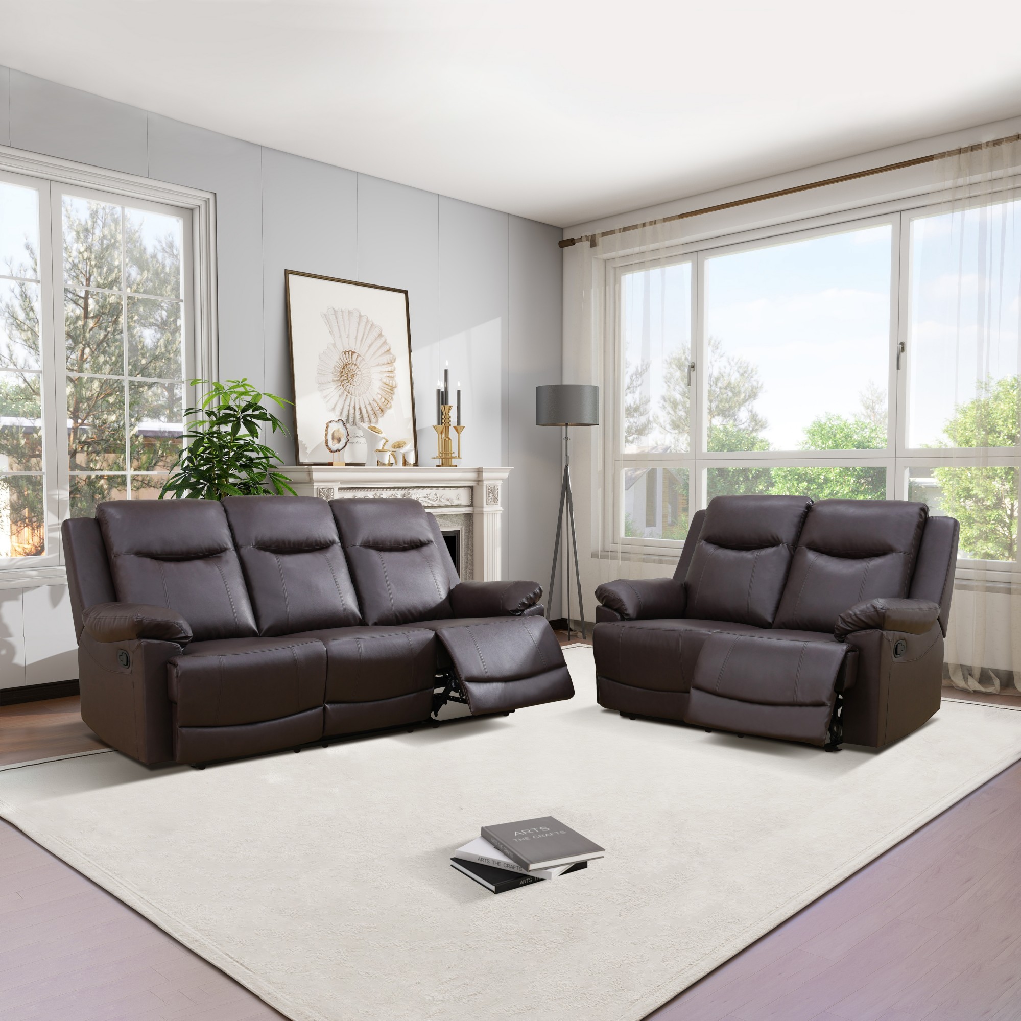 Gewnee Brown 2-Piece Multi-Functional Smart Sofa, Solid Wood Frame with Double-Layer Springs & Air Leather, Ergonomic Reclining for Living Room & Bedroom