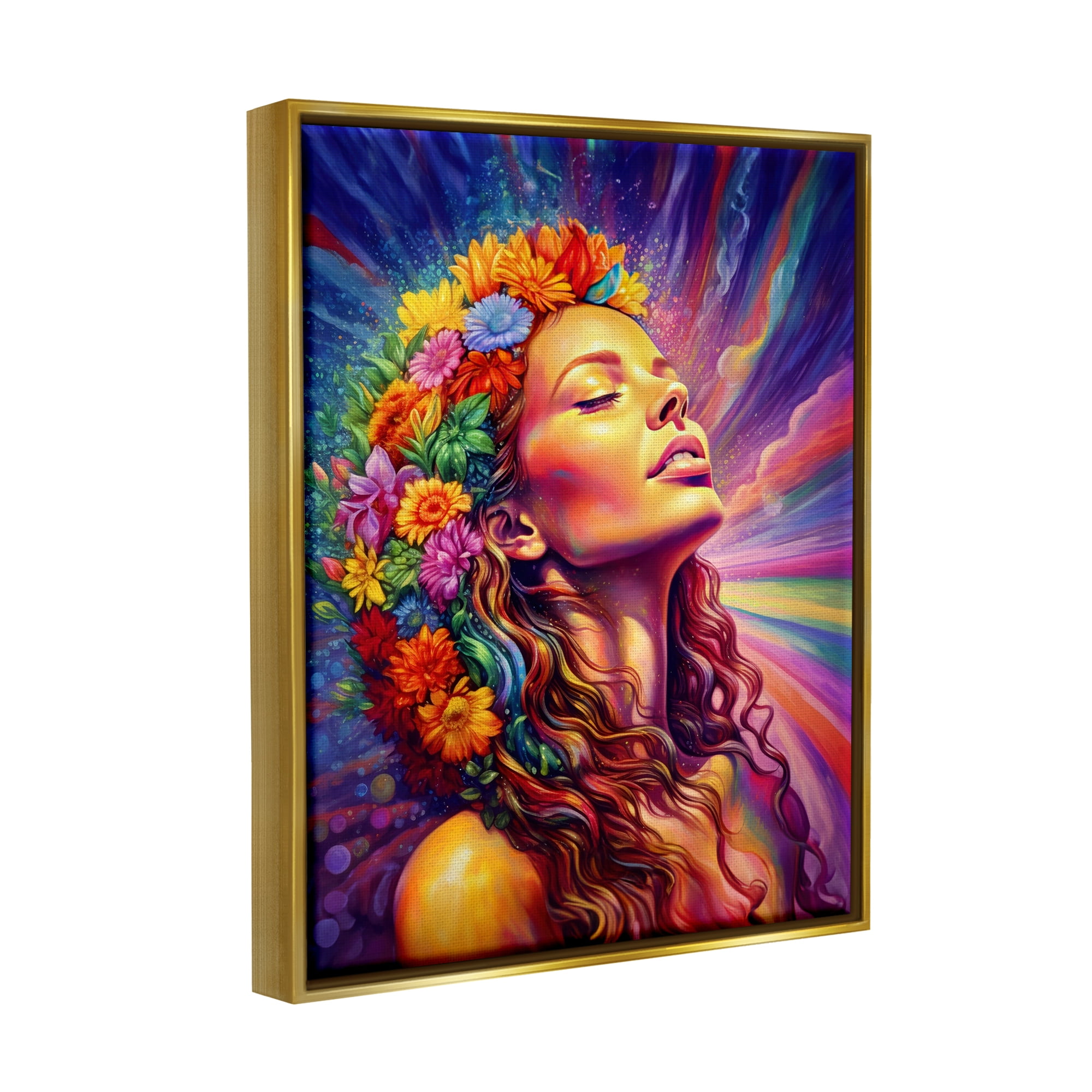 Stupell Industries Woman with Floral Garland Botanical & Floral Painting Gold Floater Framed Canvas Art Print Wall Art, 17 x 21