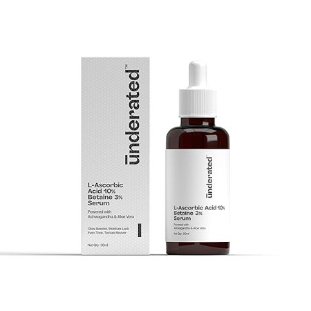 UNDERATED Vitamin C Serum For Face | L- Ascorbic Acid 10%, Betaine 3% Serum Powered with Ashwagandha & Aloe Vera for Glowing Skin, Moister Lock, Even Tone, Skin Texture Revival | 30ml