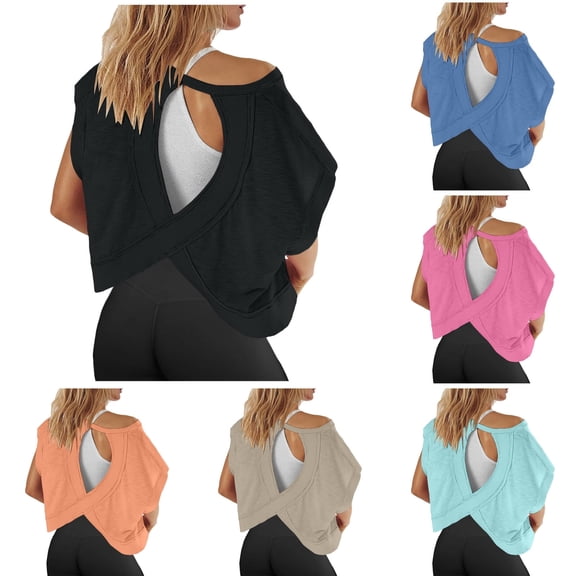 Oversized Tshirt Woemn Open Back Casual Lightweight Tee Shirts Yoga Athletic Solid Color Short Sleeve Tshirts Shirts for Women