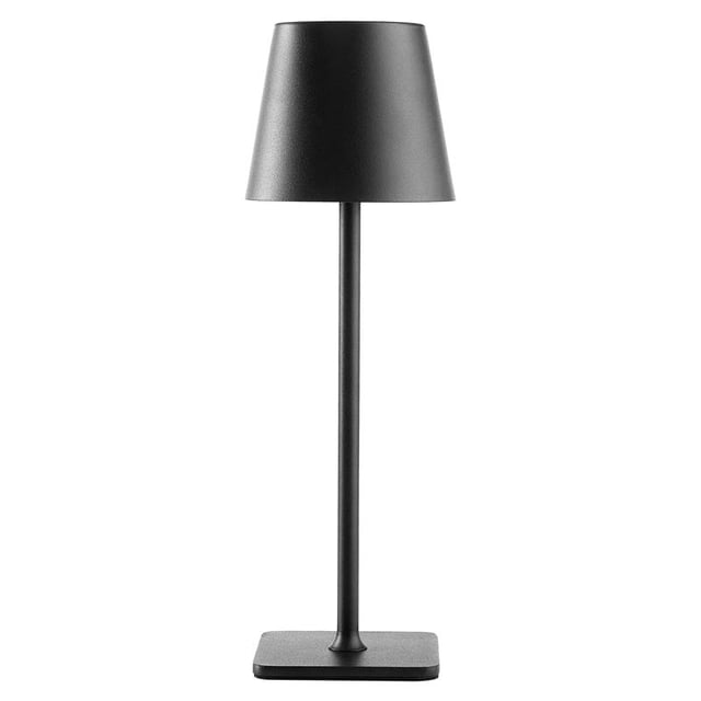 Mainstays black 13-inch rechargeable indoor/outdoor table lamp with a slim stem and square base.