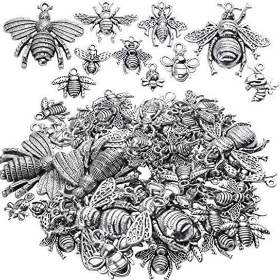 100g (30-60pcs) Antique Silver Mixed Honey Bee Charm Pendants Alloy Bee Pendant Flying Insect Charms Craft Supplies for DIY Necklace Bracelet Jewelry Making