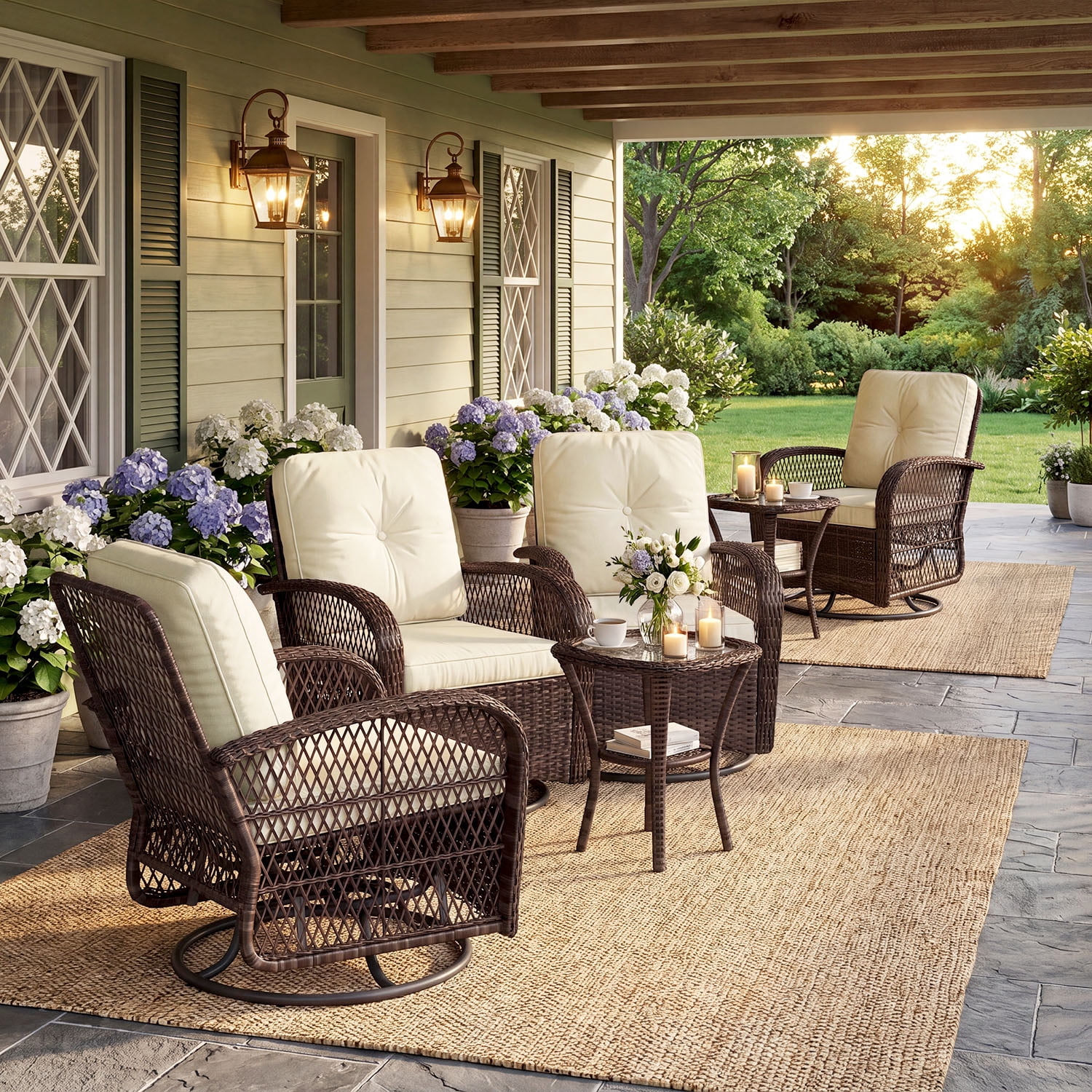 BaPiPro 6-Piece Outdoor Swivel Rocker Wicker Patio Furniture Set, All-Weather Resistant Brown Rattan Conversation Set with Beige Cushions & Tempered Glass Side Tables for Porch, Deck, Backyard