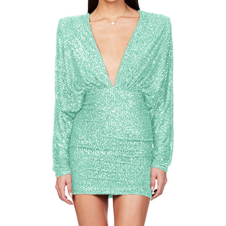 SMihono Women's Sequin Deep V Neck Long Sleeve Mini Dress Party Clubwear  Cocktail Dress Trendy Bodycon Night out Outfit Green XXXL - Walmart.com