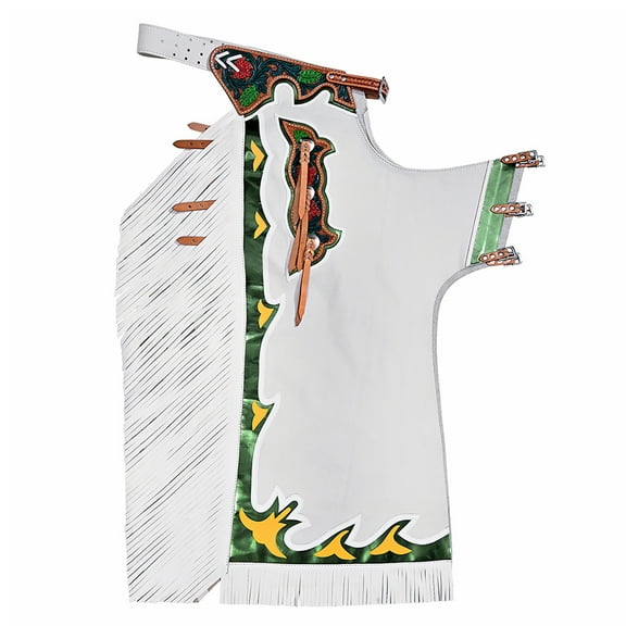 Hilason Bronc Bull Riding Genuine Leather Rodeo Western Chaps White Green