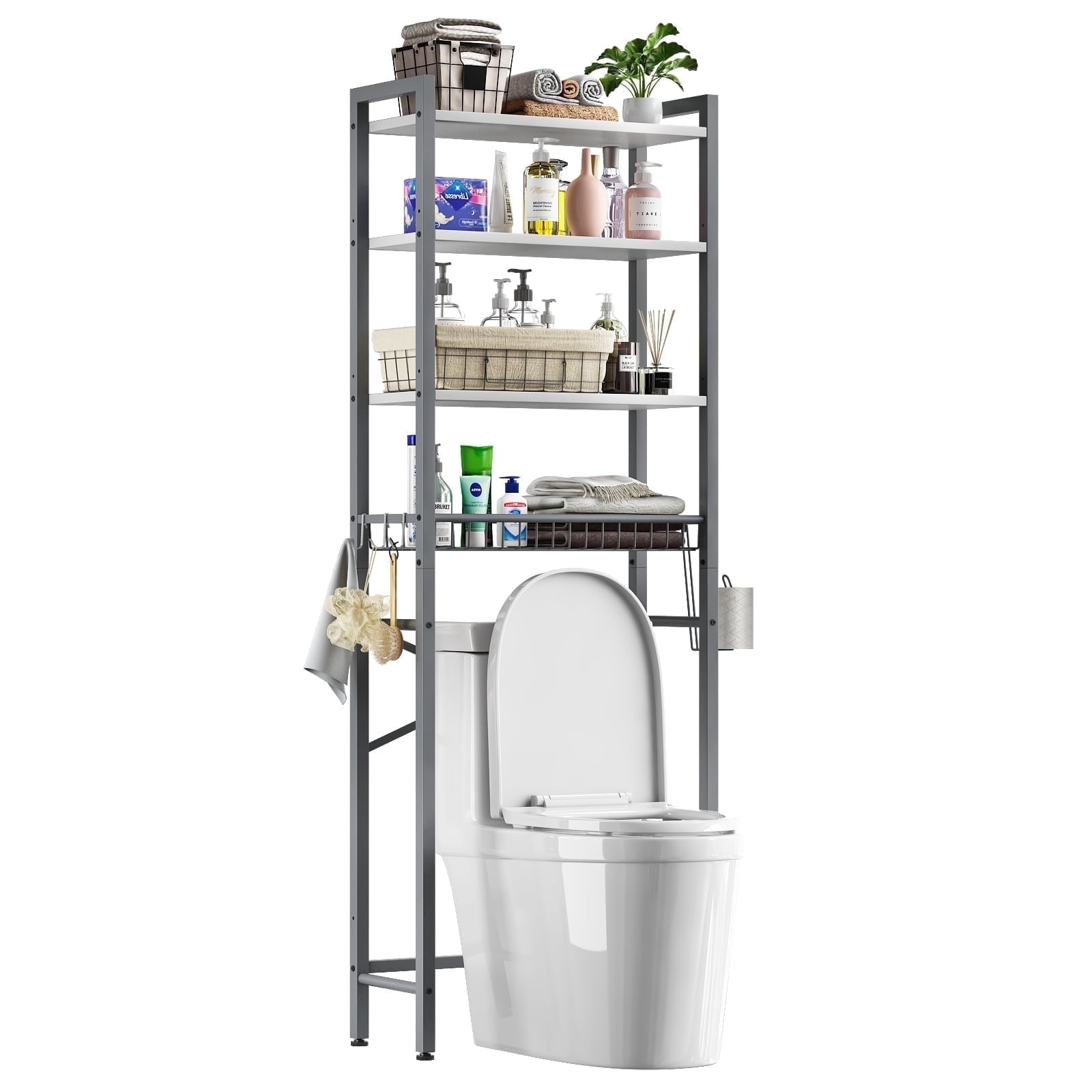 Biemlerfn Over The Toilet Storage Shelf, 4-Tier Wooden Bathroom Organizer Adjustable Saver Space Rack with Toilet Paper Holder, Gray&White