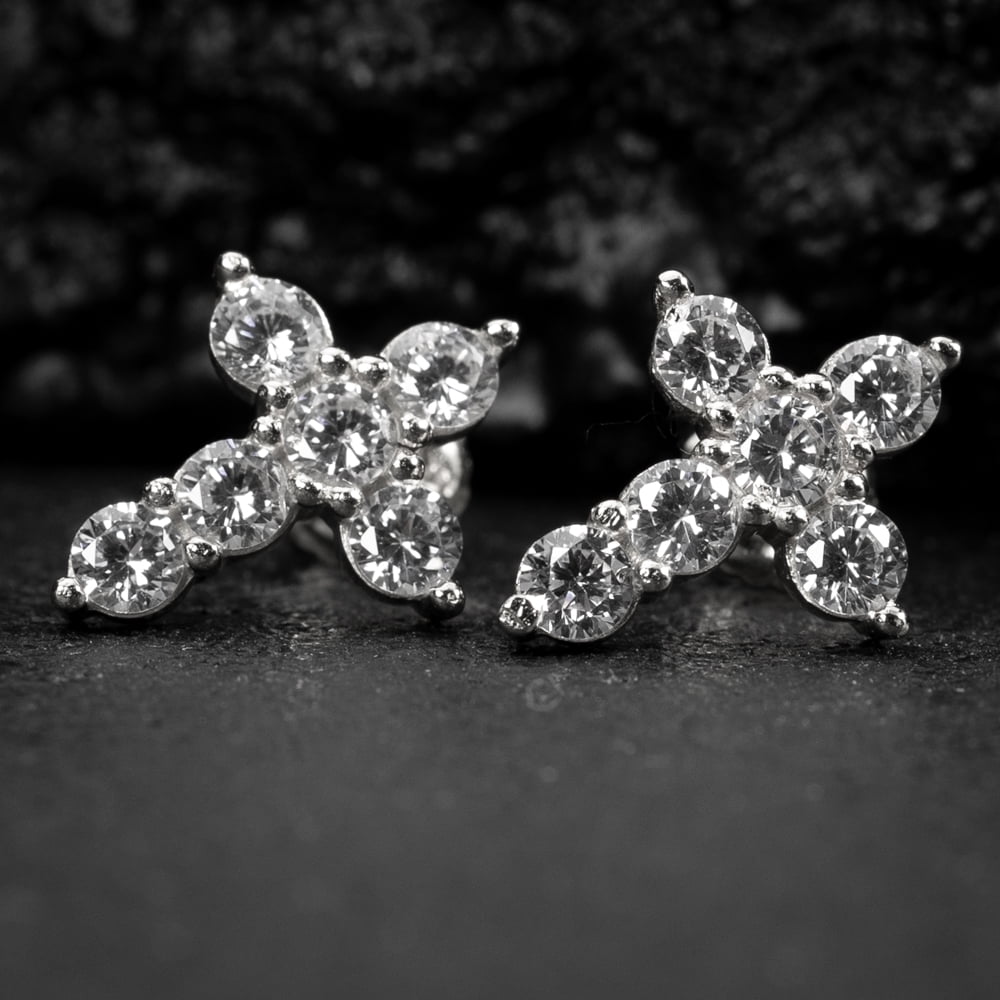 Small Solitaire Prong Set Iced 5A Cz Hip Hop White Gold Plated 925 Sterling Silver Screw Back Post Crucifix Gothic Cross Stud Earrings
