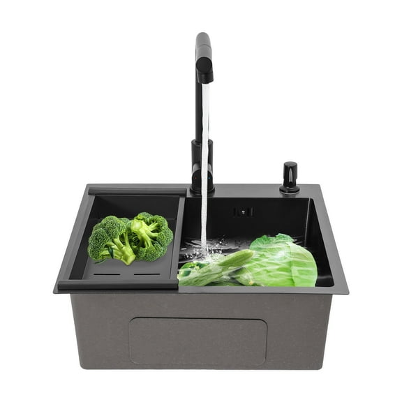 TFCFL Single Bowl Kitchen Sink Stainless Steel Rectangular Utility Sink with Pull-out Faucet & Draining Basket