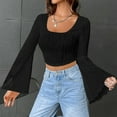 thumbnail image 2 of Annhoo Crop Tops for Women Long Flare Sleeve Scoop Neck T Shirts Fall Fashion Textures Going out Blouse Tees, 2 of 9