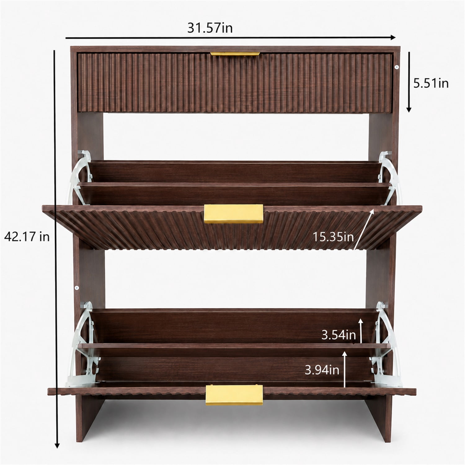 Hommoo Modern Narrow Fluted Shoe Storage Cabinet with Gold Pull Handles, Freestanding Slim Shoe Organizer for Entryway, Hallway or Bedroom, with Flip Drawers & Pull-Out Drawer, Walnut