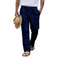 thumbnail image 2 of Domuza Men's Casual Linen Pants Summer Beach Trousers Loose Fit Straight-Legs Elastic Drawstring Waist Yoga Trousers Dark Blue M, 2 of 5