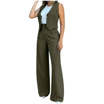 qolati Womens Blazer Set Sleeveless V Neck Vest Tops Waistcoat and Wide Leg Long Pants 2 Piece Pants Suit 2024 Business Work Casual Matching Set