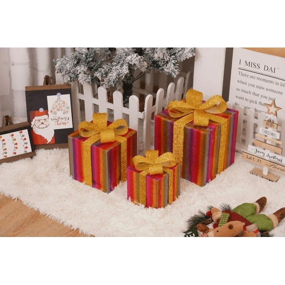 3-Pack Christmas Lighted Gift Boxes with Remote, Laser Pink Shatterproof Ornaments, Stackable Decorative LED Present Boxes for Xmas Tree Home Party Décor-mul