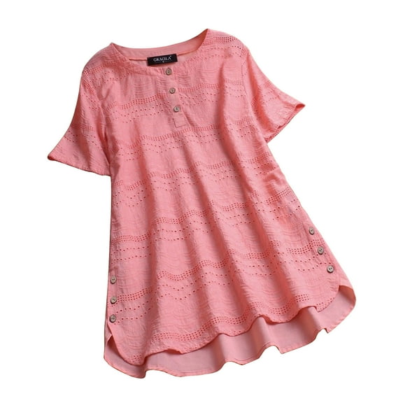 fatyb Women's Dressy Shirts Cotton Short Sleeve Tunic Tops Loose Plain Blouses Womens Elegant Long Tops