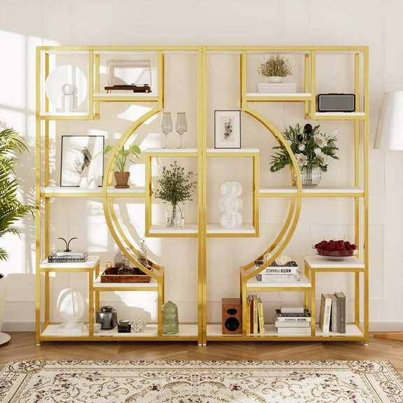 Holliwill 71 in Bookcase, Set of 2 Tall Modern Bookshelf with Open Display Shelves, Etagere Bookcases for Home Office, Living Room, Bedroom, Marble White & Gold