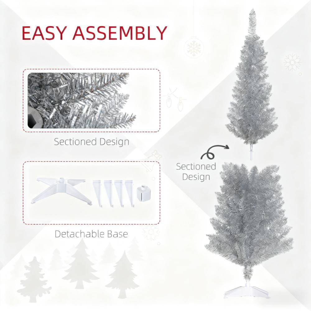 5ft Unlit Silver Pencil Christmas Tree 294 Tips Easy Assembly Plastic Base Small Space Holiday Decor