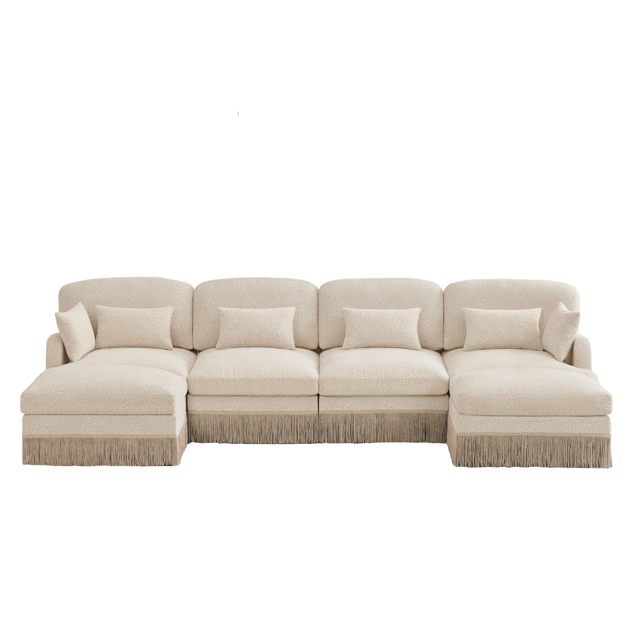 Noble House Carola Leopard Print Chenille 4-Seater Sofa, Modular Sectional Couch with 2 Ottomans and Tassel Trim, Beige