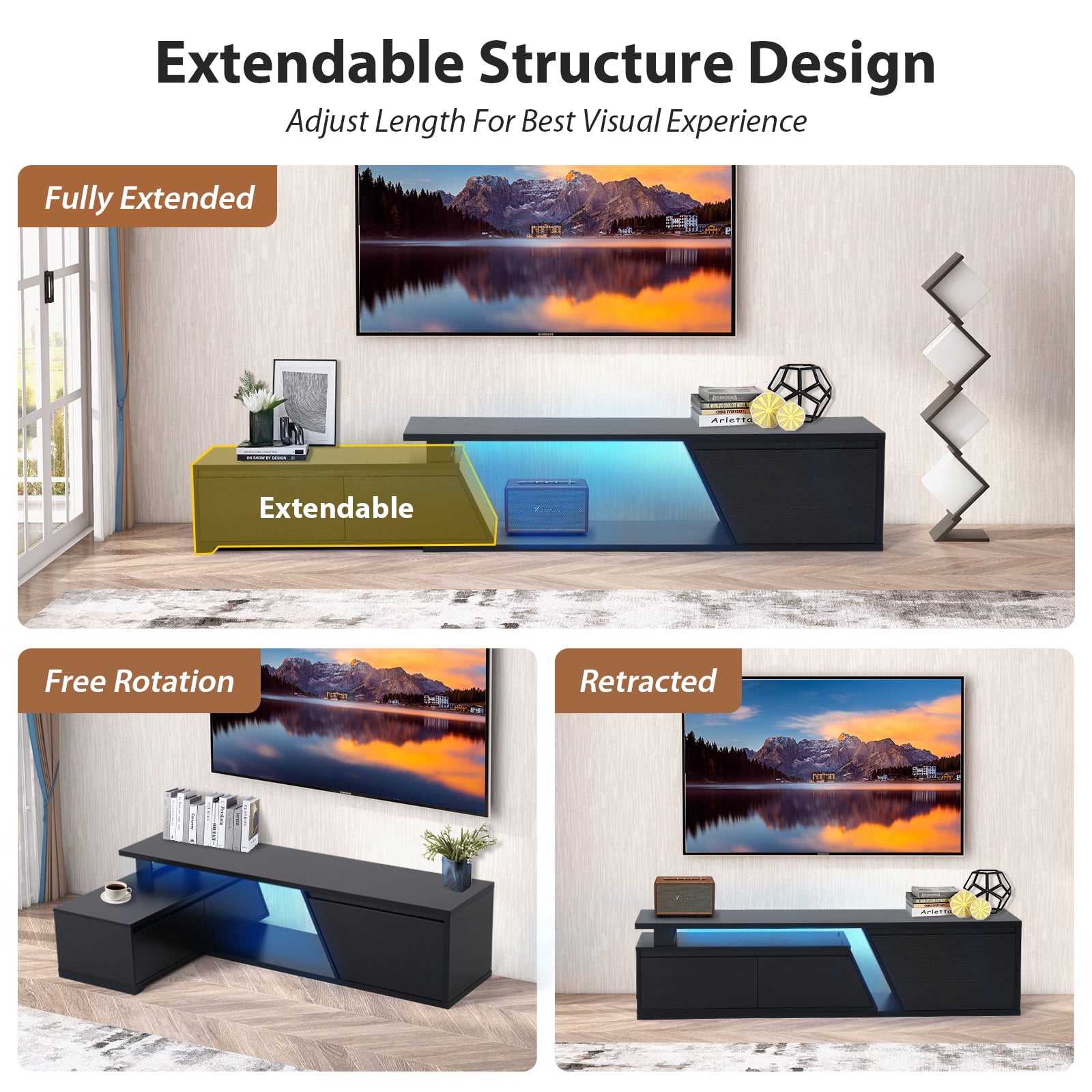 JOIVI Extendable LED TV Stand, Modern Entertainment Center with 2 Drawers, Sliding Tabletop Media Console with Storage Cabinet for Living Room, 63.0" - 90.5", Black
