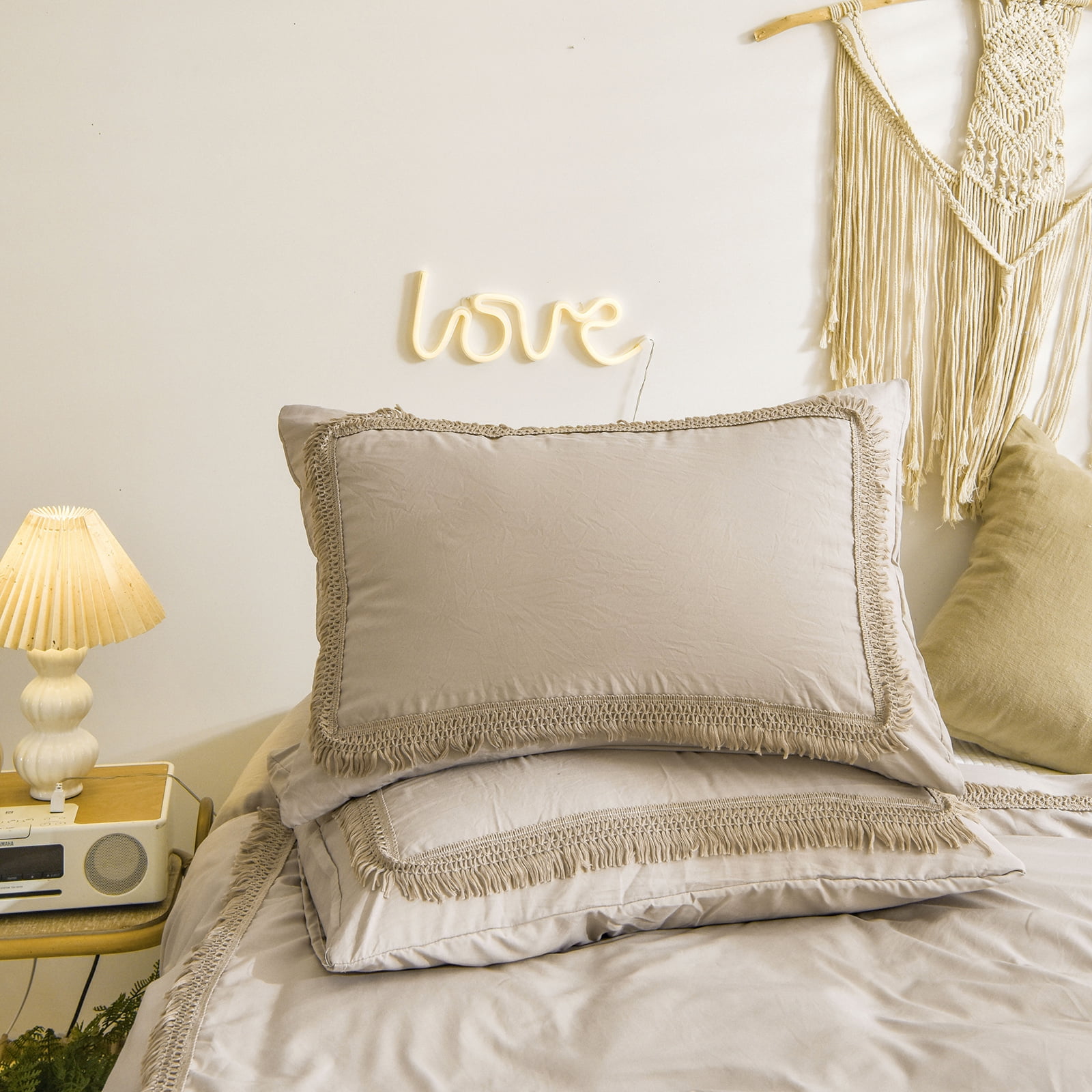 Move Over Taupe Bedding Set Boho Queen Hollow Square Grid Tassel Duvet Cover Set Solid Color Pattern Washed Microfiber No Filling