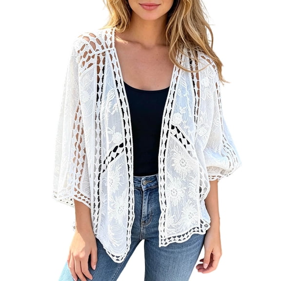 ZHOGXU Summer Boho Crochet Lace Cardigan For Women 3/4 Sleeve Open Front Sweater Wrap Top Fancy,Vacation,White,XL