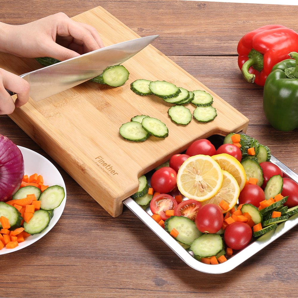 Bamboo cutting board with removable Stainless Steel tray for Faster