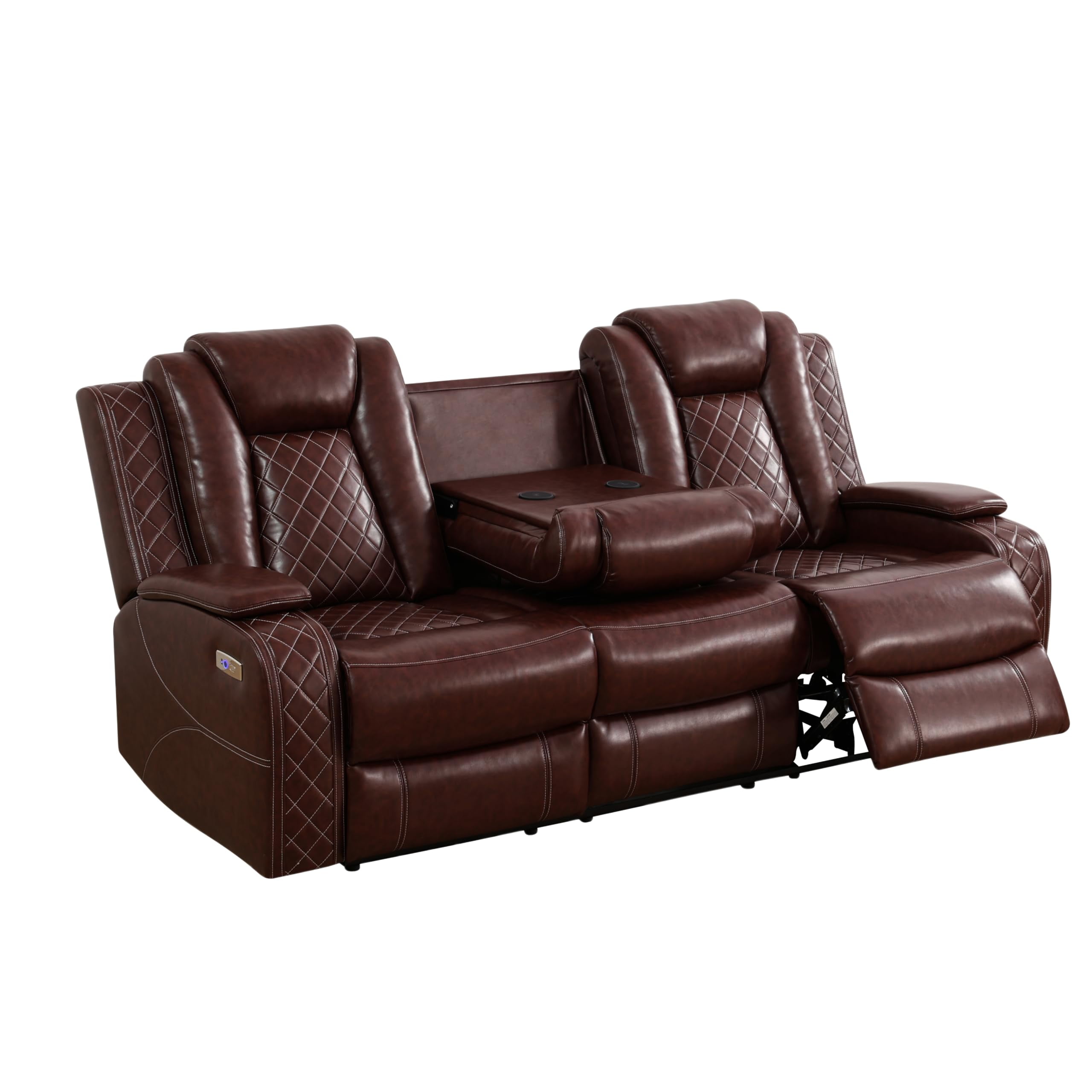 PonLiving Leather Power Recliner Sofa Set with LED Lights and USB Chargers - Burgundy Leather Living Room Furniture SOFA