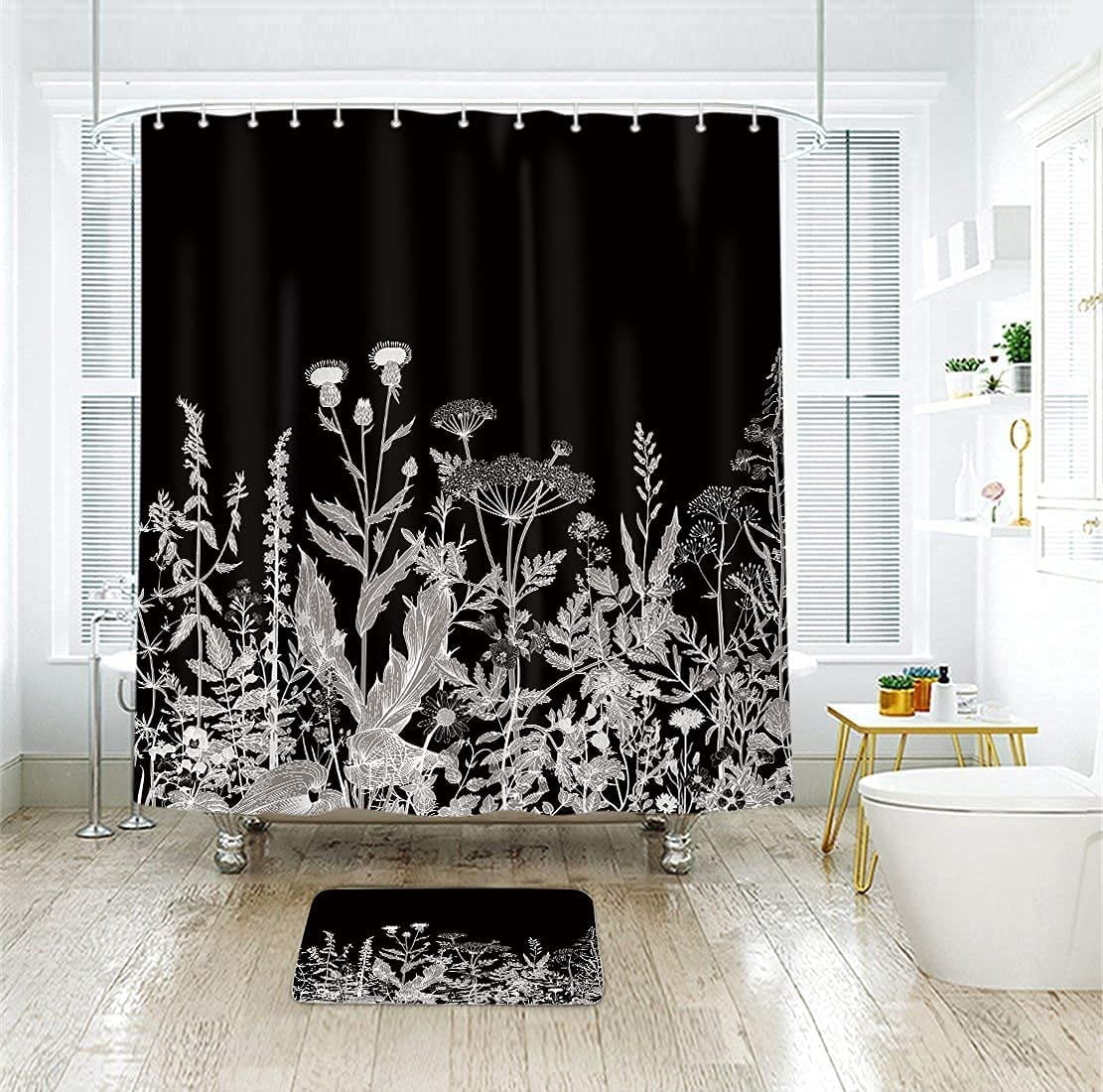 Wild Floral Wildflower Shower Curtain Botanical Herbs Black Plant Nature Blossom Flower Leaf Sketch Waterproof Fabric 72Wx72H Inch Polyester Bathroom Bathtub Decoration 12 Pack Plastic Hooks