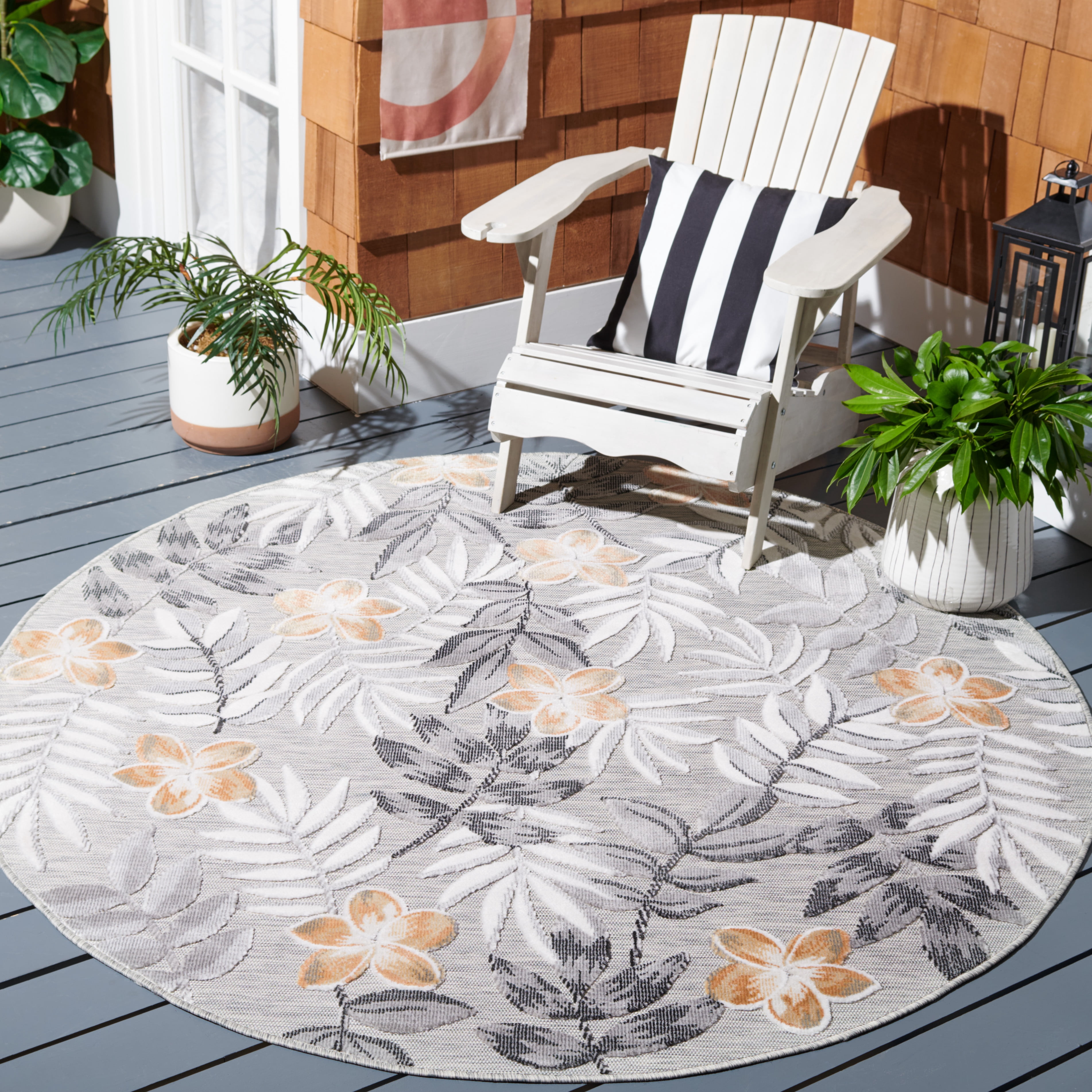 SAFAVIEH Cabana Blazhe Botanical Indoor/Outdoor Area Rug, Grey/Ivory, 4' x 4' Round