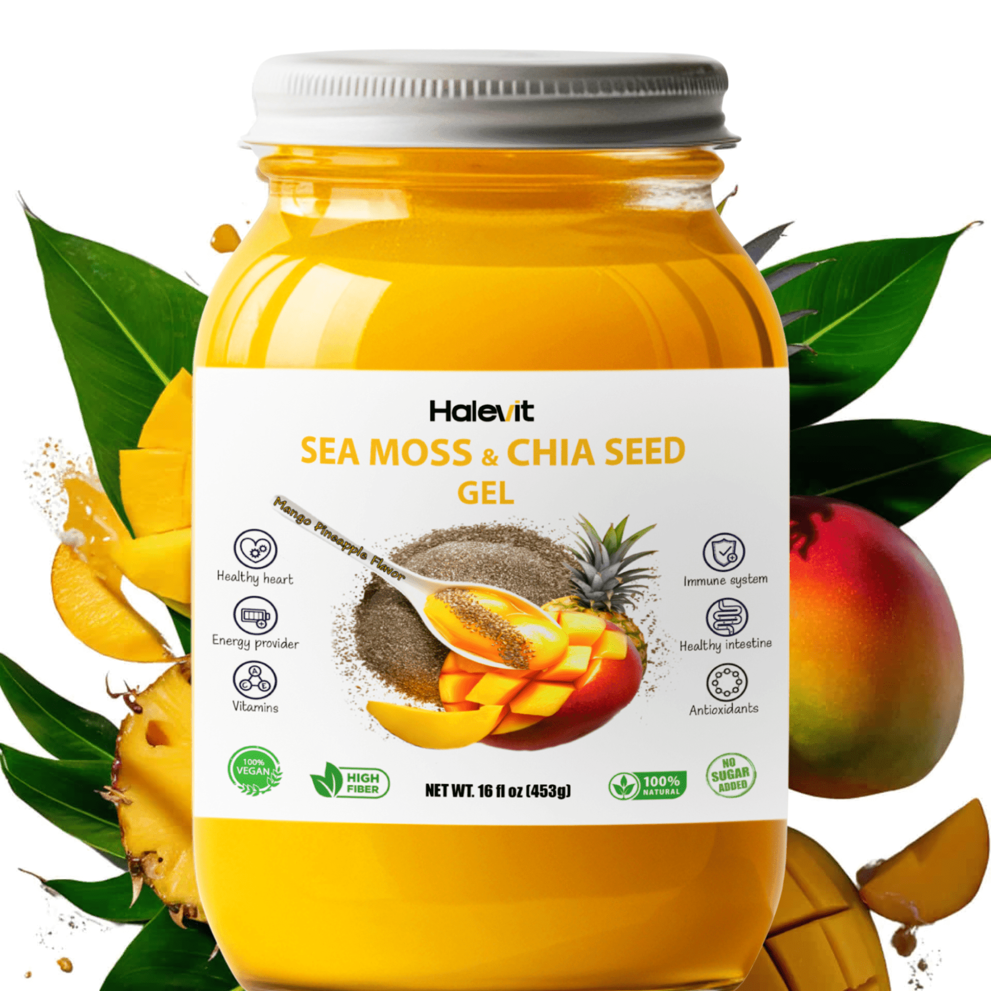 Halevit Wildcrafted Irish Sea Moss Gel, Chia Seed, Mango Pineapple, 16 Oz, Raw Supplement Made in USA
