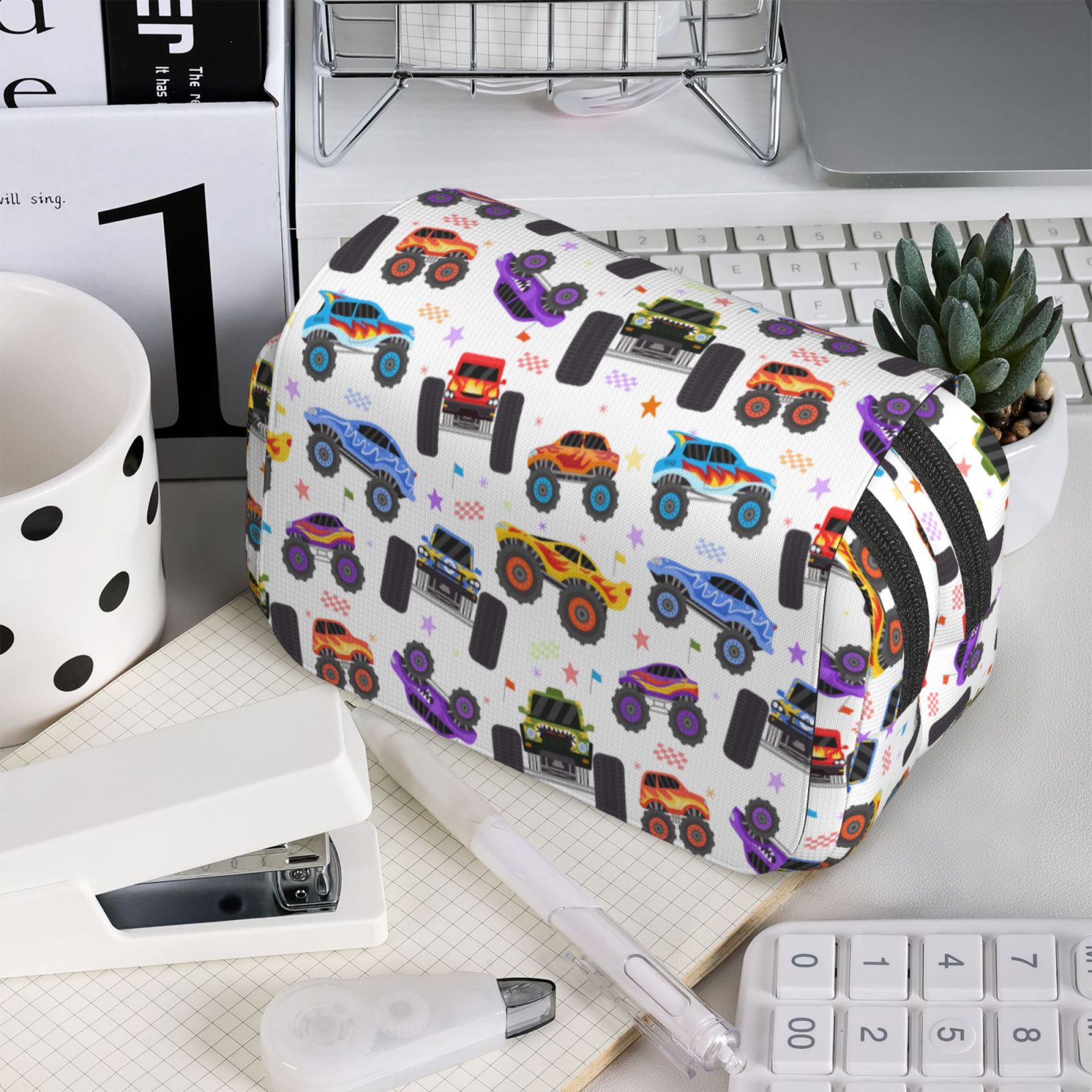 Rateoe Cartoon Monster Trucks1 Pattern Double Clamshell Pen Case, Storage Organizer with Two Zipper Compartments– Holds Up to 50 Pencils & Pens