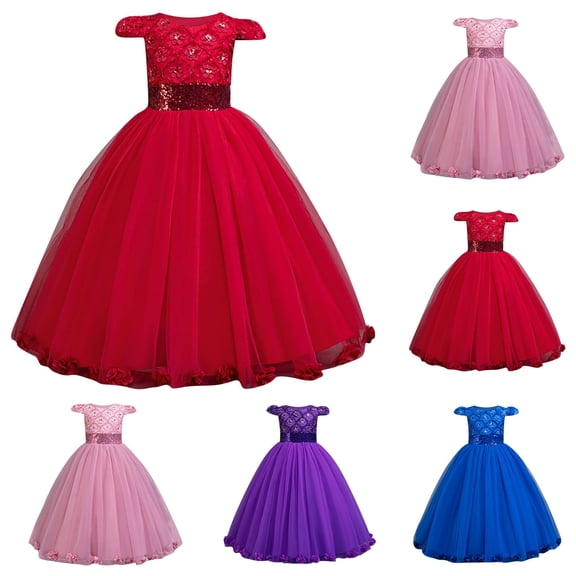 Gunia Flower Girl Dress Elegant Long With Lace Trim Party Gown Wedding Red Dress For Girls 3-12 Years