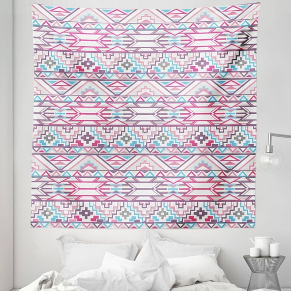 Pastel Tapestry, Ikat Style Abstract Geometric Aztec Inspired Art, Fabric Wall Hanging Decor for Bedroom Living Room Dorm, 5 Sizes, Pink Pale Blue Purple, by Ambesonne