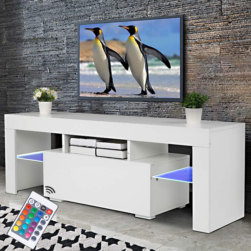 URHOMEPRO Modern White TV Stand Cabinet with 12 Colors RGB LED Lights, Television Stand Entertainment Center Console Table for Living Room Home, Universal TV Stand High-Gloss, 51&quot;x13.78&quot;x17.7&quot;, Q8968