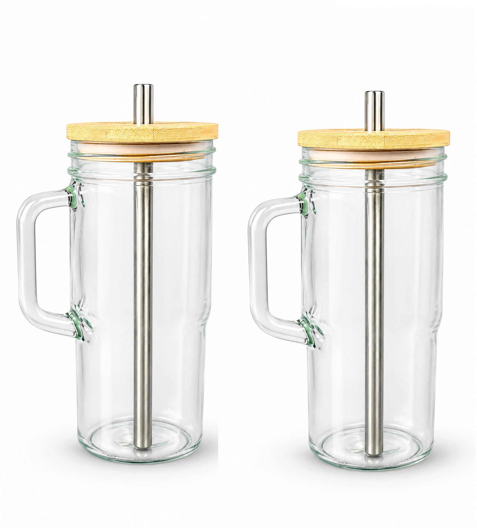 2-Pack Glass Tumbler Cups with Handles, Bamboo Lids, Stainless Steel Straws and Cleaning Brush for Iced Coffee and Cold Drinks