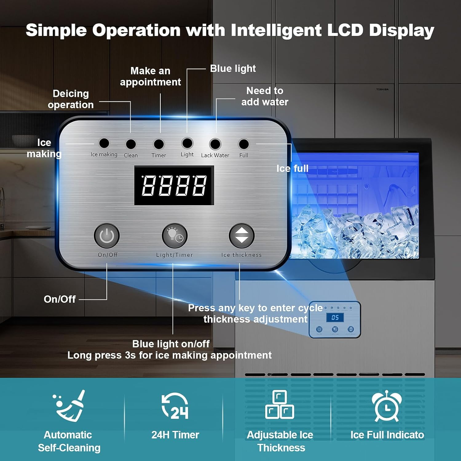 AMZGACHFKTCH 100lbs/24H Electric Ice Maker Machine with Self-Cleaning & Digital Display