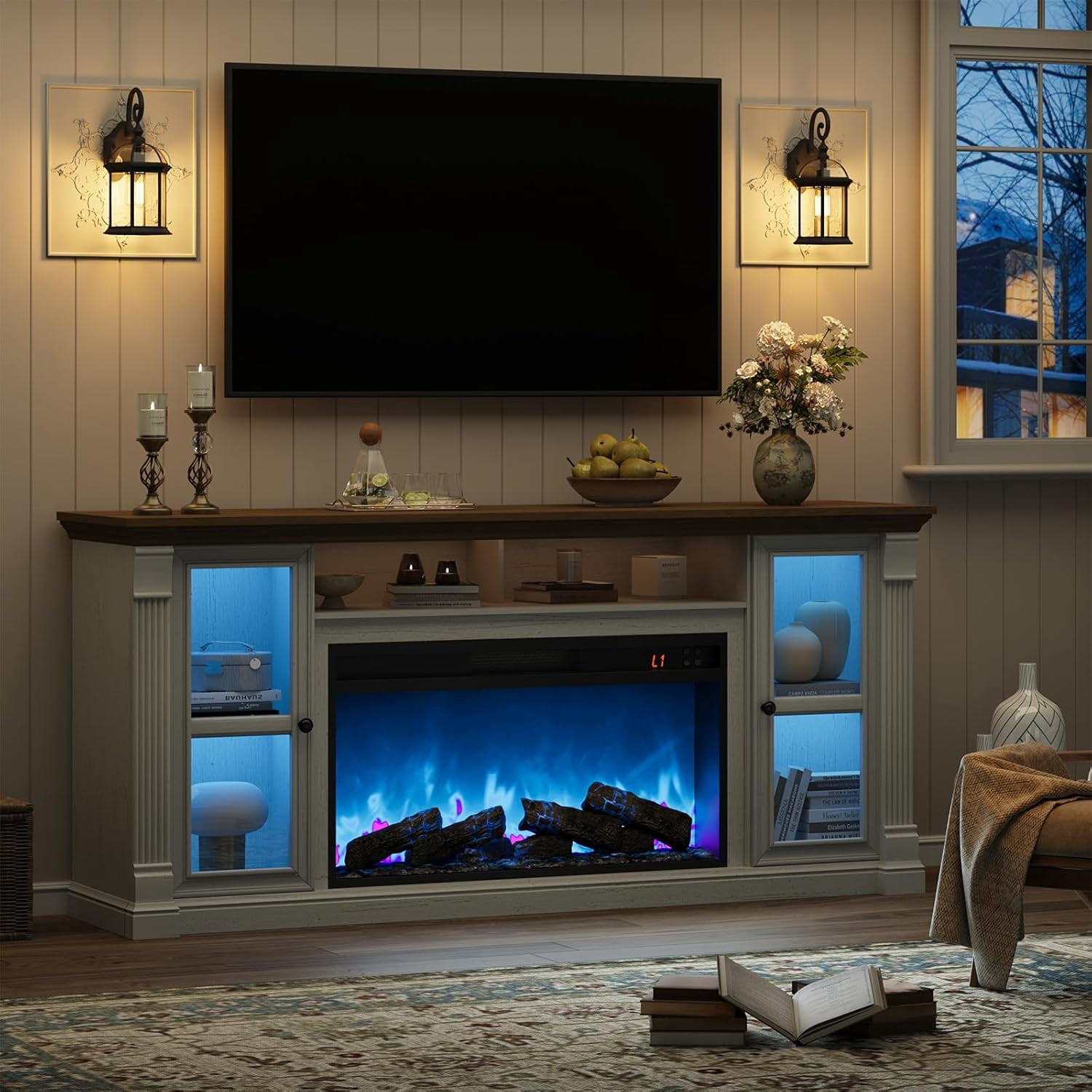Vecenuy Farmhouse Fireplace TV Stand for 80" TVs, 70" Highboy Entertainment Center with 36" Electric Fireplace & LED Lights, Media Console with Adjustable Shelves for Living Room, Antique White