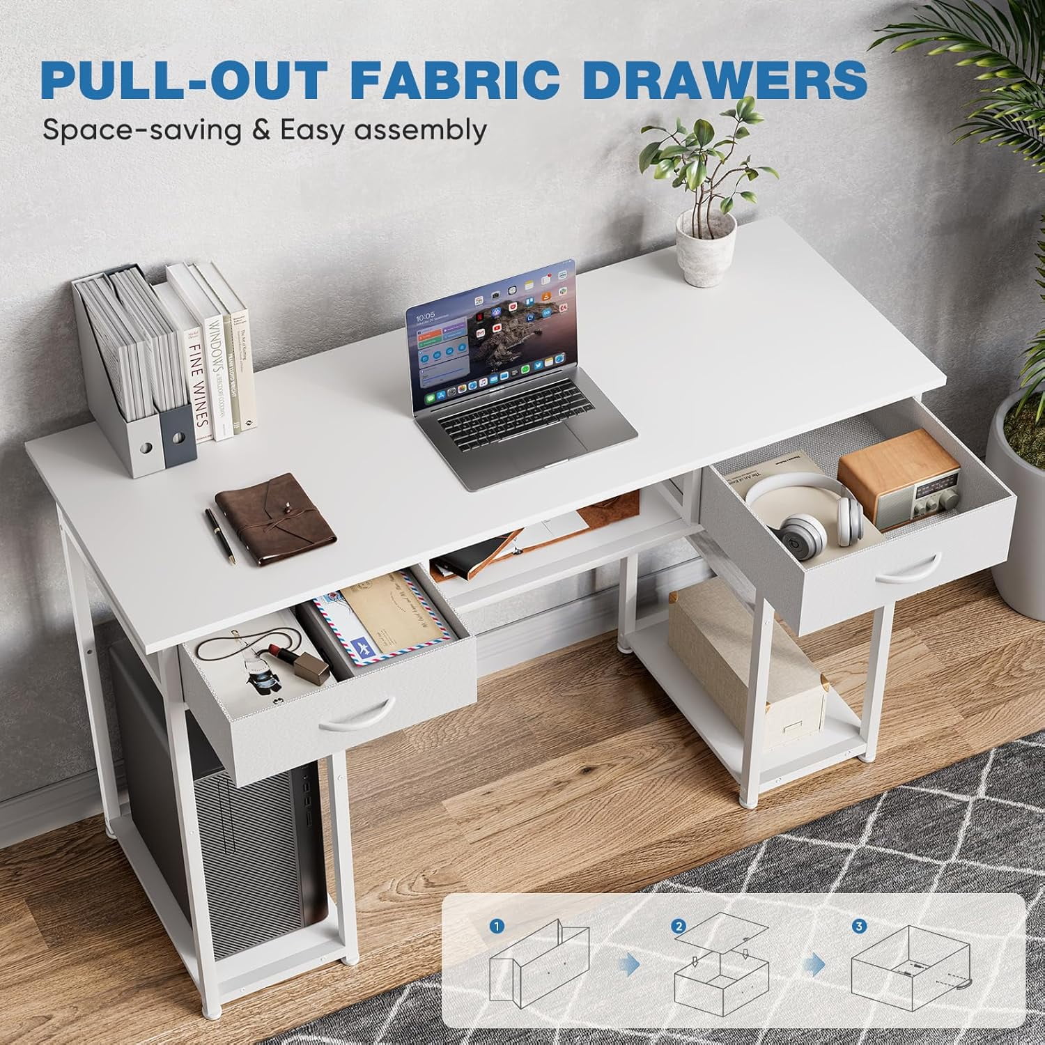 48 inch Computer Desk with Drawers, Modern Study Writing Table with Storage Shelves for Bedroom Home Office, White