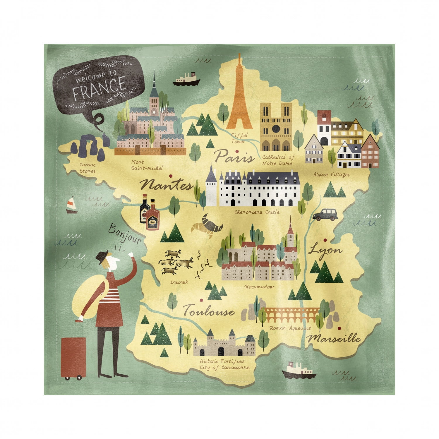 France Napkins Set of 4, Travelling Themed French Map with Famous