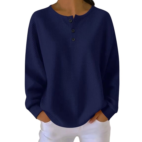 Women's Plus Size Tops Long Sleeve Waffle Knit Shirts Dressy Button Henley T-Shirts Casual Loose Fit Blouses for Work