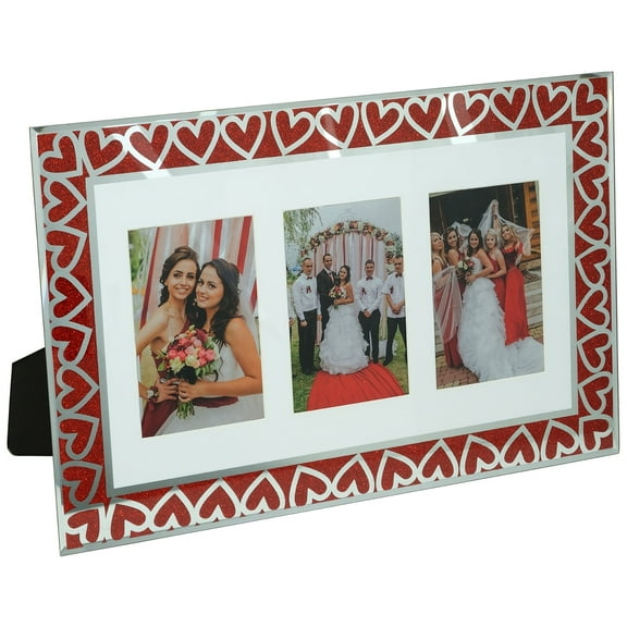 Excello Global Products EGP-HD-0434 Heart Border Glass Photo Frames, Wall and Tabletop Picture Frames, Holds Two 4"x6" Photos Family Picture Frames, 15.25” X 13.5”