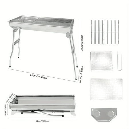Portable Stainless Steel Folding Barbecue Grill - Includes BBQ Tool Set (Forks/Shovel/Tongs) Large Charcoal Grill with Side Tables & Condiment Basket - Ideal for Camping/Picnics/Outdoor Cooking