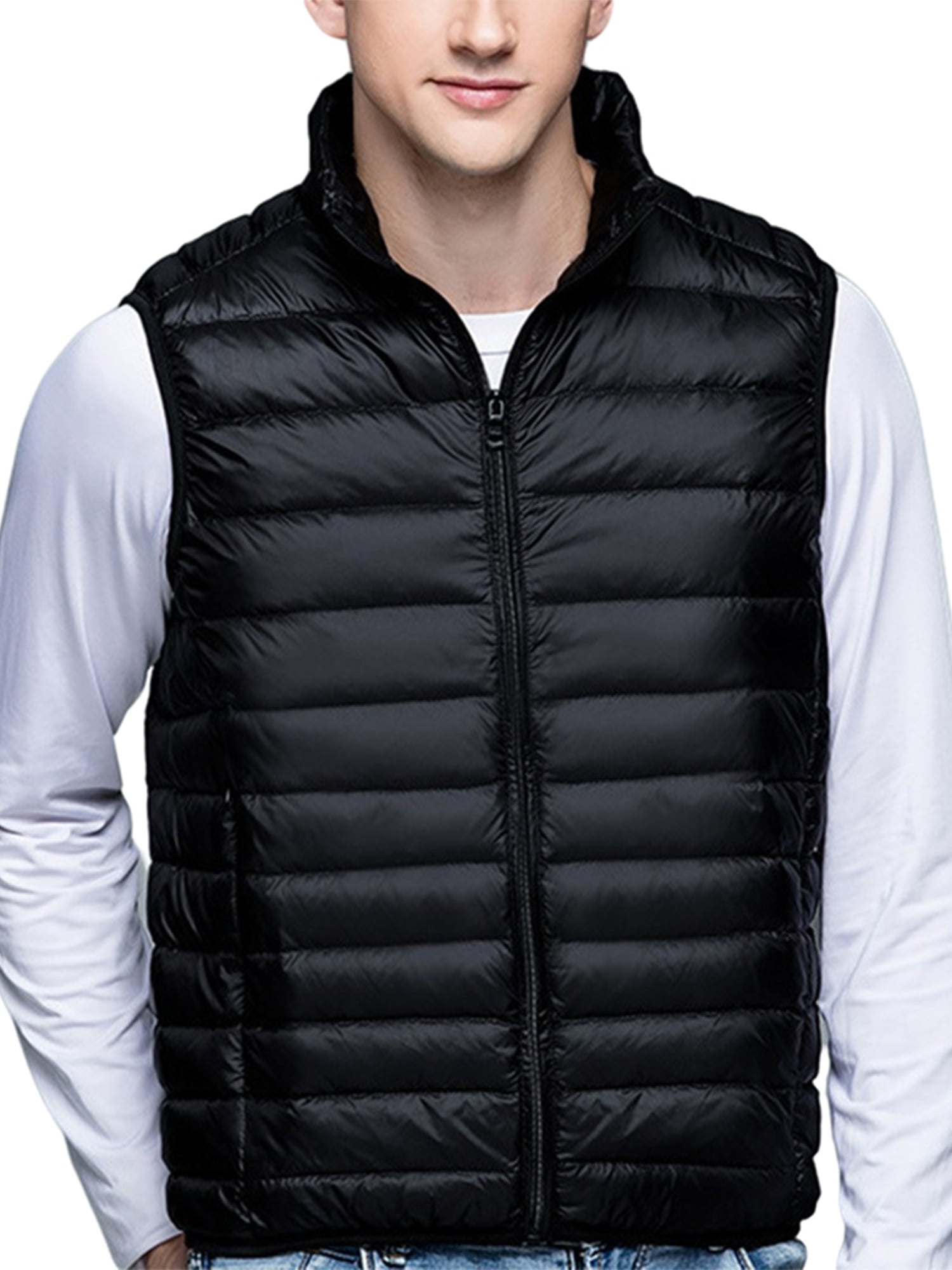 Men Outdoor Casual Winter Warm Hooded Zipper Sleeveless Vest Solid Down Jacket Coat Outerwear Tops 